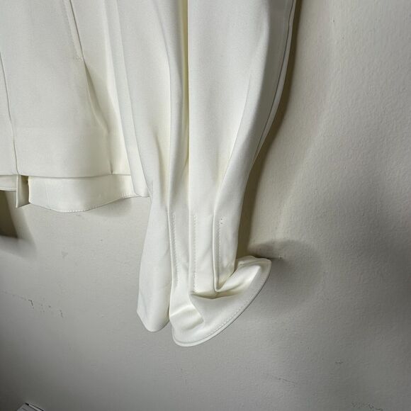 Cream V-Neck Loop & Button Front Balloon Pleated Cuff Sleeve Crop Blouse Med - Picture 9 of 11